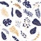 Tropical leaves gold blue seamless pattern vector