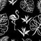 Tropical leaves of monstera, fern, strelitzia flower and flamingo seamless pattern on a black background