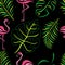 Tropical leaves of monstera, royal fern and flamingo seamless pattern on a black background. Design suitable for textile