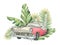 Tropical leaves and a retro car. Watercolor illustration from a large CUBA set. Composition for the design and