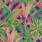 Tropical leaves seamless pattern coral blue background