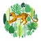 Tropical leaves and snarling leopard around the circle. Wild concept.