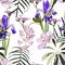 Tropical leaves with violet flowers. Seamless design with amazing  palant with flowers.