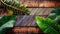 Tropical leaves on wooden background. Top view with copy space Ai generated