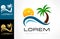 Tropical logo vector. Palm tree, wave, sun and bird.