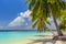 Tropical lonely beach at Maldives with blue sky, palm trees and turquoise water