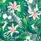 Tropical lush flowers seamless pattern on a white background