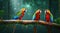 Tropical macaws sitting on a tree branch in the rainforest