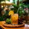 Tropical Mai Tai Cocktail on a Rattan Tray at a Bamboo Counter. Generative AI