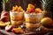 Tropical mango and pineapple fruit parfait, fancy ice cream yoghurt dessert