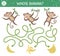 Tropical maze for children. Preschool exotic activity. Funny jungle puzzle with cute monkeys and fruit. Whose banana. Simple