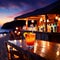 Tropical mixed drink in outdoor beach resort during sunset, summer holiday vacation refreshement