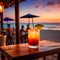 Tropical mixed drink in outdoor beach resort during sunset, summer holiday vacation refreshement