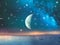 Tropical moon and starry night sky at night sunset sea dark universe cosmic bright background