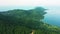 Tropical, mountain and drone in landscape with nature and bush offshore in Vietnam summer, holiday or vacation