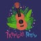 Tropical music. Cartoon ukulele with tropical exotic leaves and musical notes isolated on dark blue background. Hawaiian string