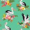 Tropical Nature Seamless Pattern with Pelicans and Flowers. Floral Background with Waterbirds for Fabric, Wallpaper