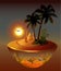 Tropical night island palm trees, sea, sand castle, moon, underwater world