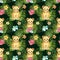 Tropical nursery seamless pattern with cute cartoon little lion cub, green palm leaves and exotic flowers on dark green background