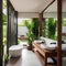 A tropical oasis bathroom with a spa-like feel, lush greenery, and wooden accents1