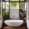 A tropical oasis bathroom with a spa-like feel, lush greenery, and wooden accents3