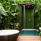 A tropical oasis-themed bathroom with a rainforest shower, lush greenery, and bamboo accents3, Generative AI