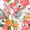 Tropical orange flowers, garden peony, jungle plants, orange flamingos, seamless floral pattern background.