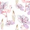Tropical orchid, exotic succulent flowers, pelican flamingo bird floral seamless pattern, white background.