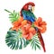 Tropical palm leaves, hibiscus flower and parrot, isolated white background, watercolor painting, jungle design