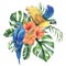 Tropical palm leaves, monstera and flowers of plumeria, hibiscus, bright juicy with blue-yellow macaw parrot. Hand drawn