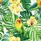 Tropical palm leaves, orchid flowers and lovebird birds. Watercolor hand-painted. Floral Seamless pattern. Jungle design