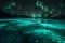 tropical palm luminous paradise tree night vacation beach blue sky ocean. Generative AI.