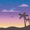 Tropical palm trees birds sunset clouds stars sky scene