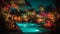 Tropical palm trees illuminate luxury resort tranquil poolside at dusk generated by AI