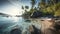 Tropical palm trees sway in the tranquil, idyllic seascape at dawn generated by AI