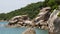 Tropical palms and stones on small beach. Many green exotic palms growing on rocky shore near calm blue sea in Hin Wong Bay on