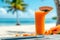 Tropical Papaya lassi or fruits juice on sunny beach under palm shadow. Generative AI