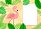 Tropical paper background with leaves, exotic bird and white sheet. Flamingo look out over the thickets of the jungle