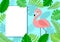 Tropical paper background with leaves, exotic bird and white sheet. Flamingo look out over the thickets of the jungle