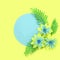 Tropical paper flowers on pastel blue circle