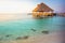 Tropical paradise: Cancun beach with rustic palapa pier, Riviera Maya