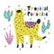 Tropical paradise card with a cute llama. Summer print with a funny alpaca in Scandinavian style