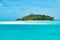 Tropical paradise in clear turquoise water, white sandbar, small island, palm trees, South Pacific Ocean, Aitutaki, Cook Islands