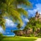 Tropical paradise colorful beautiful cartoon art looking ahead at a castle