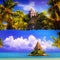 Tropical paradise colorful beautiful cartoon art two castles