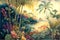 Tropical Paradise - Detailed watercolor painting of a serene, landscape, showcasing the vibrant flora. wallpaper drawing art