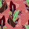 Tropical paradise exotic flower and plant leaves summer seamless pattern in folk cute flash style. Retro background.