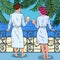 Tropical Paradise. Happy Couple Drinking Coffee at the Balcony of Beach Hotel. Pop Art illustration