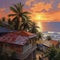 Tropical paradise, house on beach. Ccoconut trees, seaside vacation. View over roof