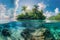 Tropical paradise island oasis with crystal clear waters, panoramic view